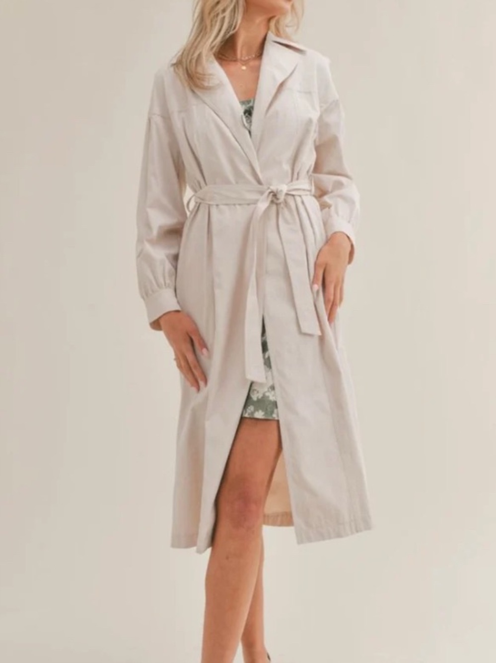 Sadie & Sage Light Beige Tie-Waist Long trench Coat - Women out wear